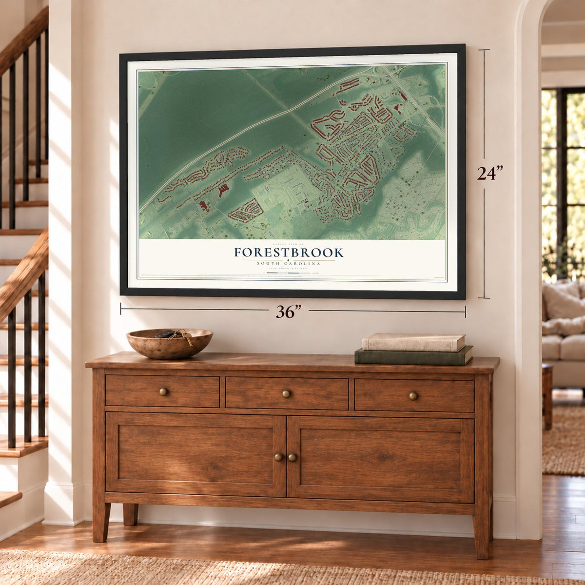 Forestbrook, South Carolina map, 24 x 36 inch print in a black frame above a dresser by a staircase