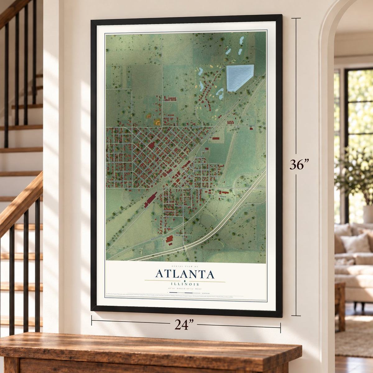 Atlanta, Illinois map, 24 x 36 inch print in a black frame by a staircase