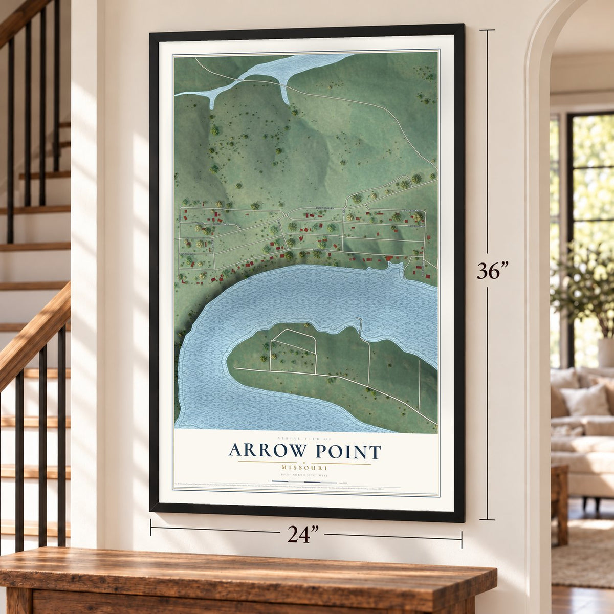 Arrow Point, Missouri map, 24 x 36 inch print in a black frame by a staircase
