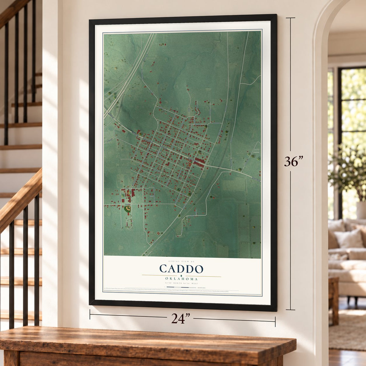 Caddo, Oklahoma map, 24 x 36 inch print in a black frame by a staircase