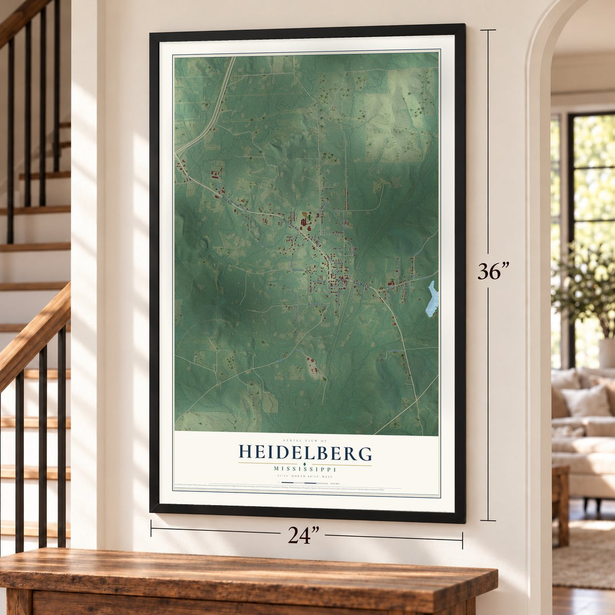 Heidelberg, Mississippi map, 24 x 36 inch print in a black frame by a staircase