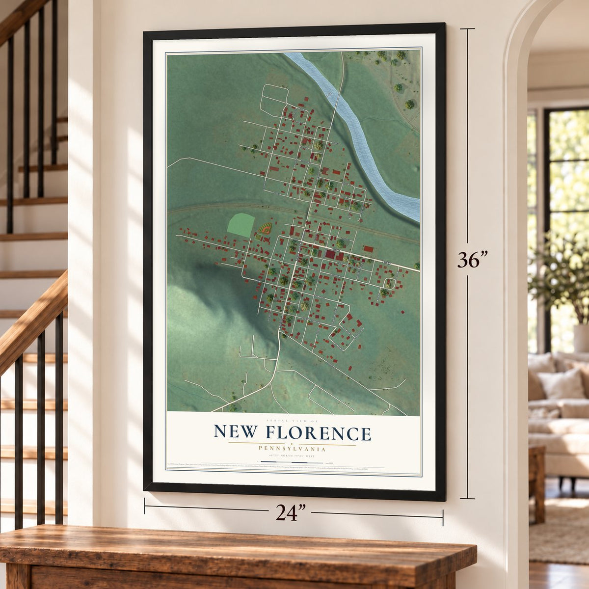 New Florence, Pennsylvania map, 24 x 36 inch print in a black frame by a staircase