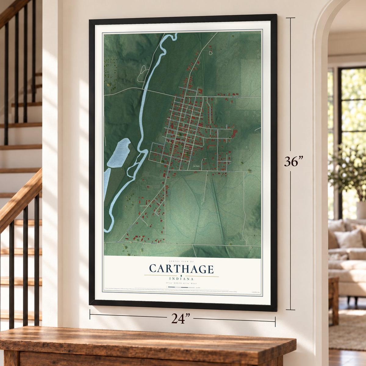 Carthage, Indiana map, 24 x 36 inch print in a black frame by a staircase