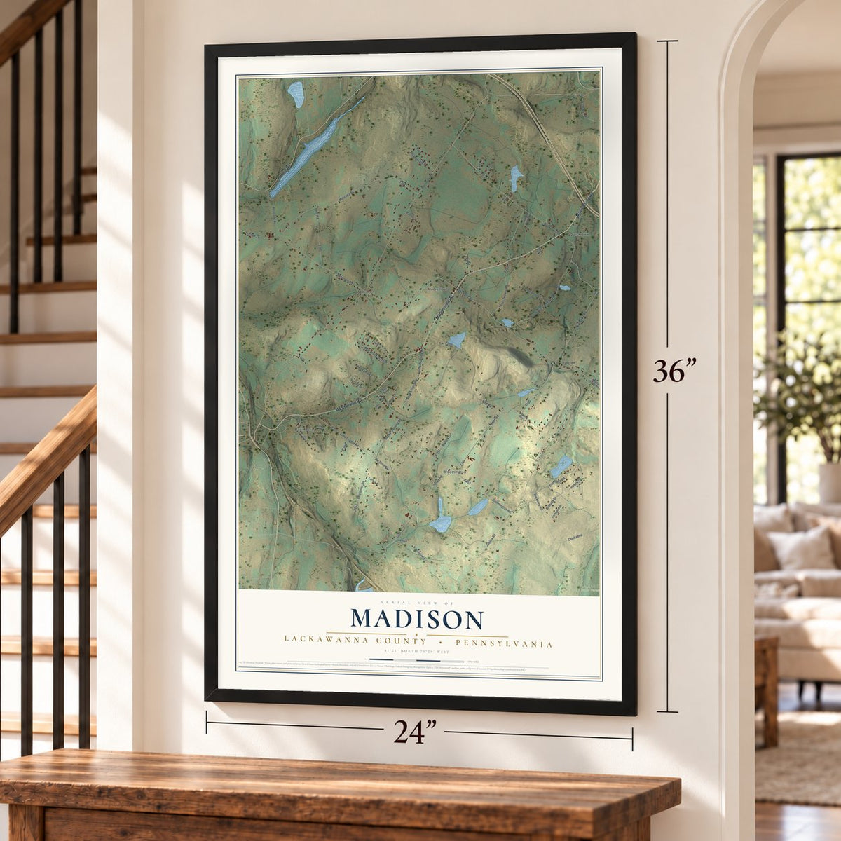 Madison, Lackawanna County, Pennsylvania map, 24 x 36 inch print in a black frame by a staircase