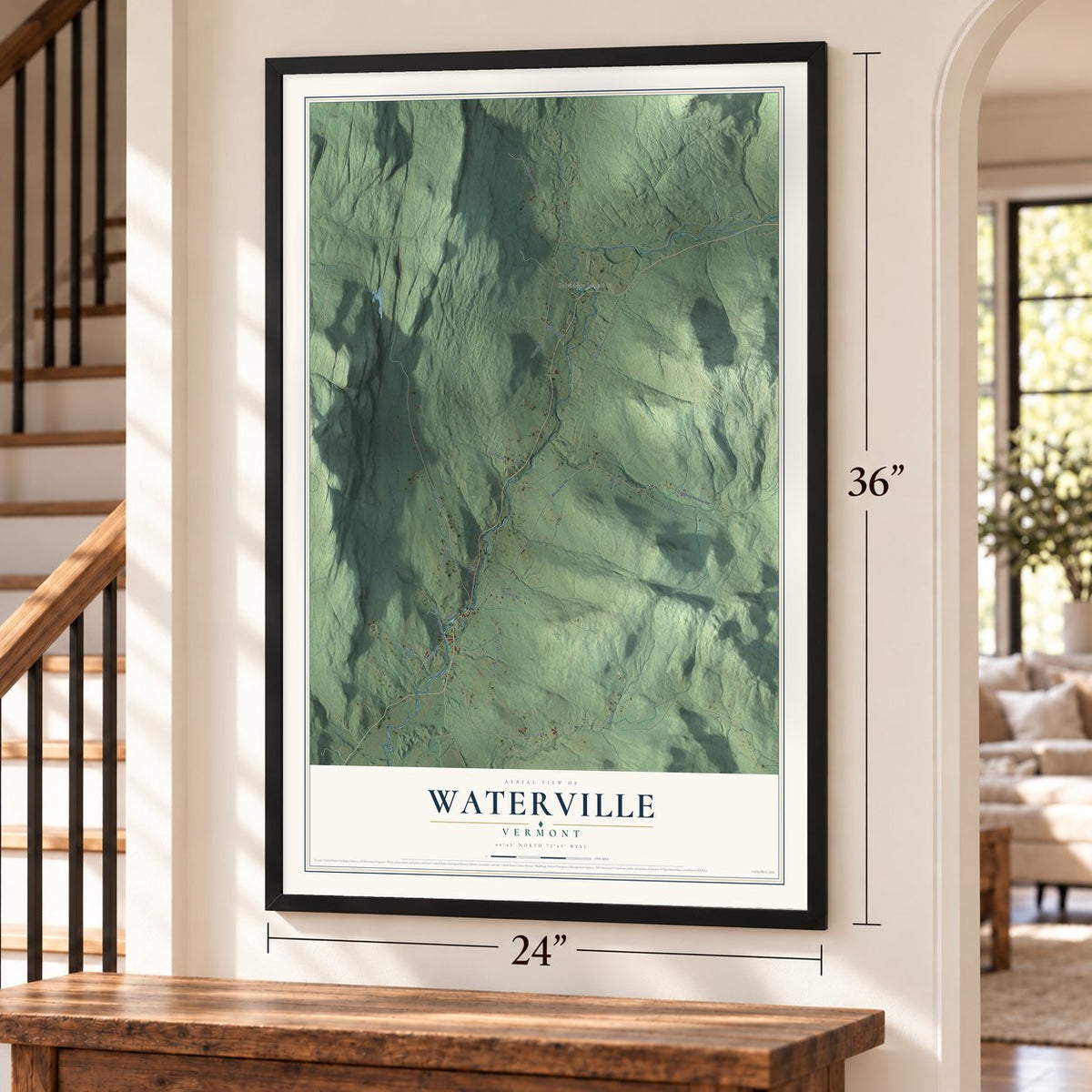 Waterville, Vermont map, 24 x 36 inch print in a black frame by a staircase