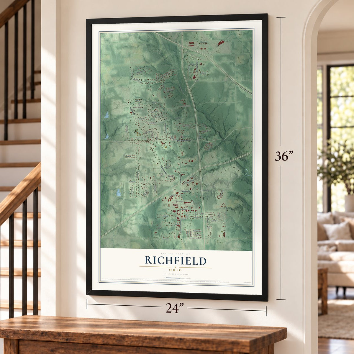 Richfield, Ohio map, 24 x 36 inch print in a black frame by a staircase