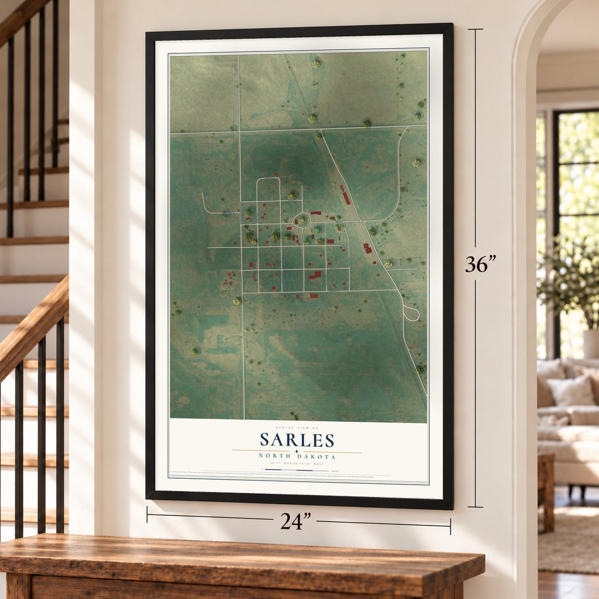 Sarles, North Dakota map, 24 x 36 inch print in a black frame by a staircase