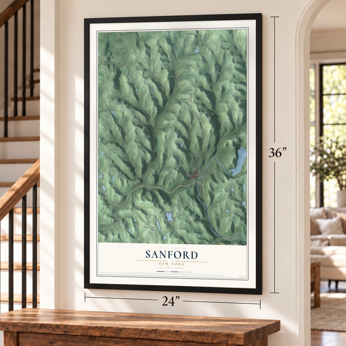 Sanford, New York map, 24 x 36 inch print in a black frame by a staircase