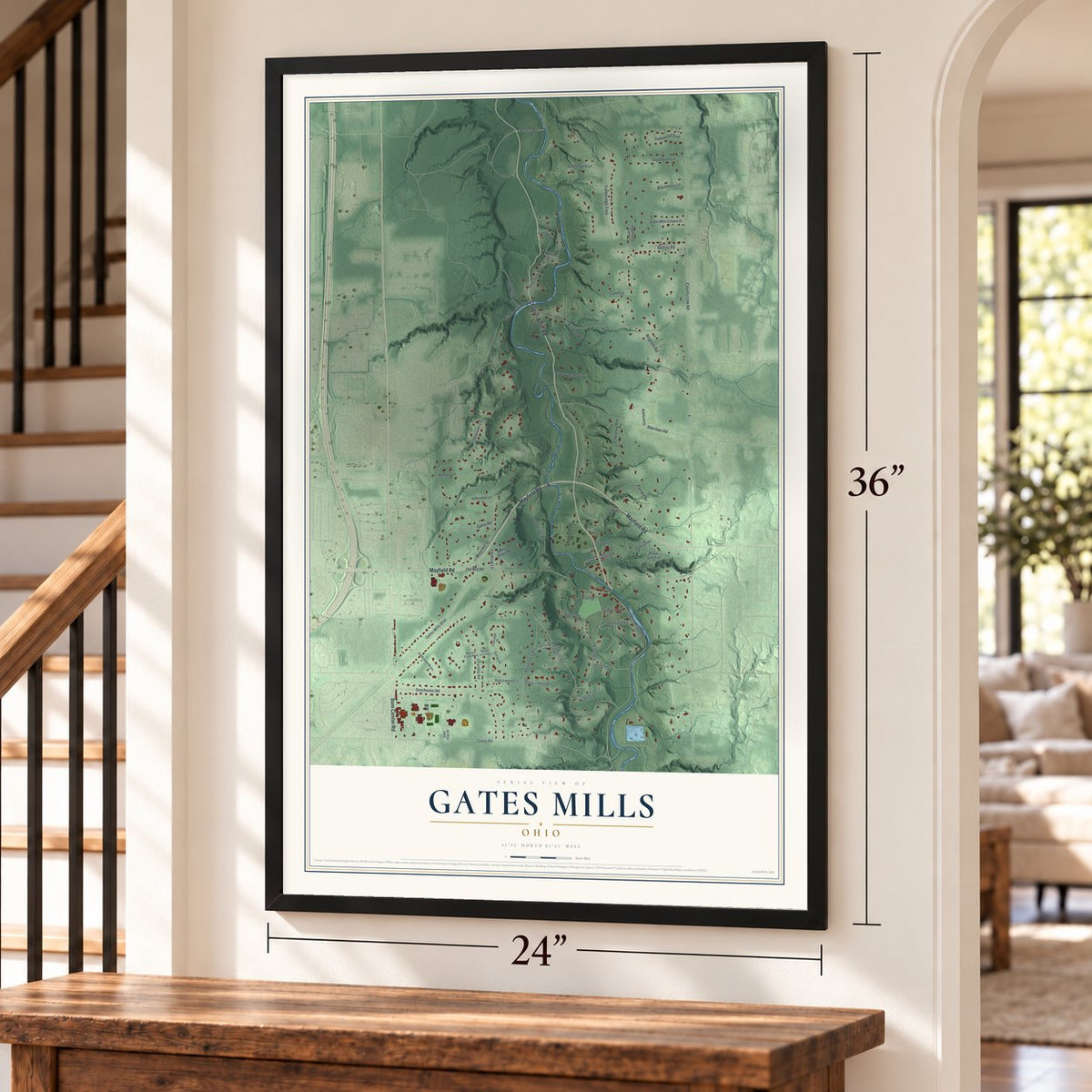 Gates Mills, Ohio map, 24 x 36 inch print in a black frame by a staircase