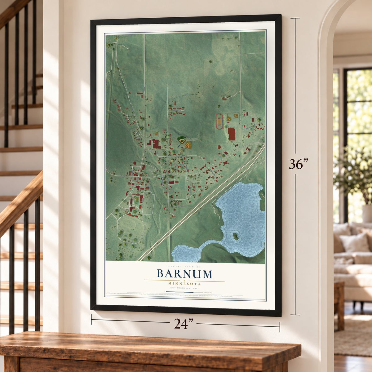Barnum, Minnesota map, 24 x 36 inch print in a black frame by a staircase