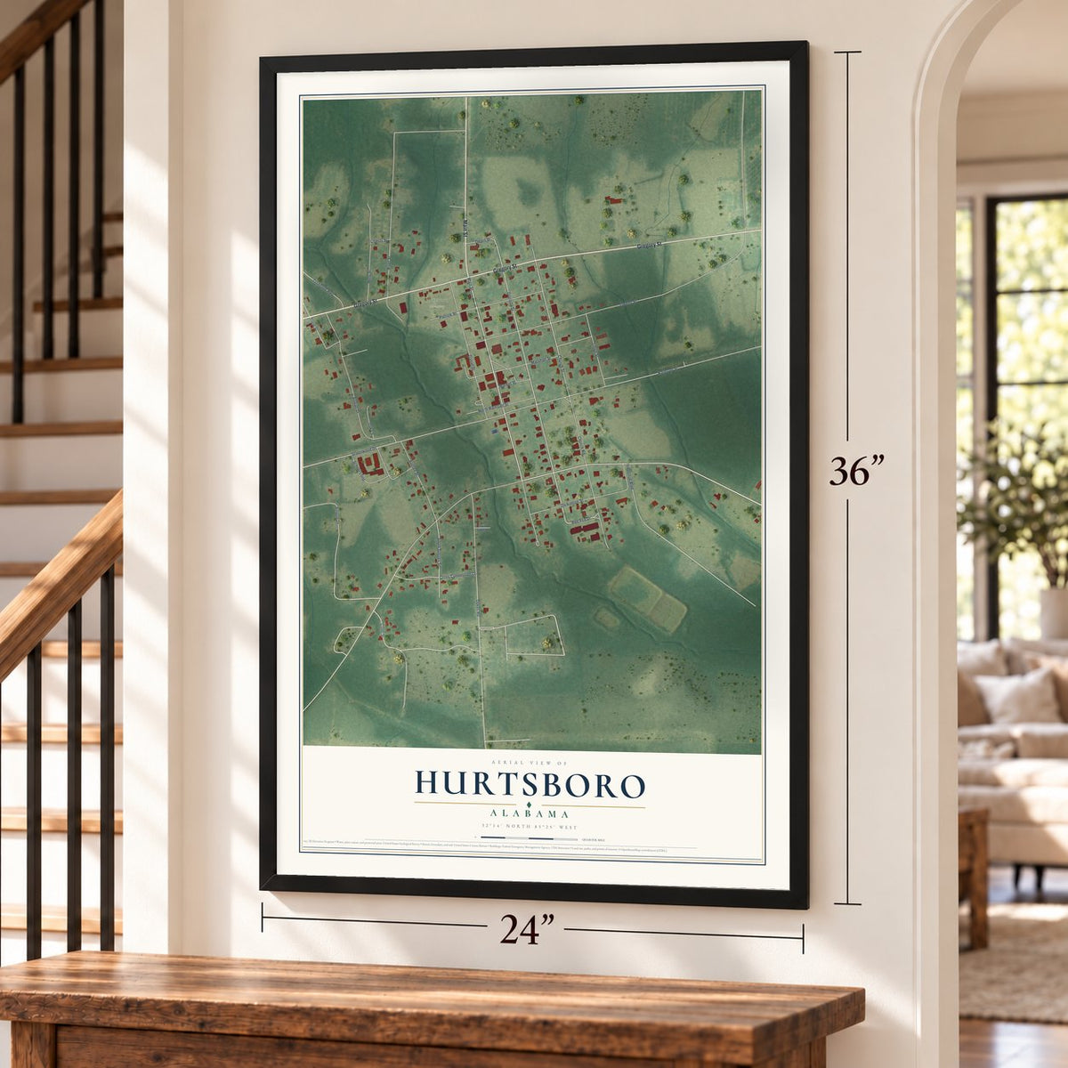 Hurtsboro, Alabama map, 24 x 36 inch print in a black frame by a staircase