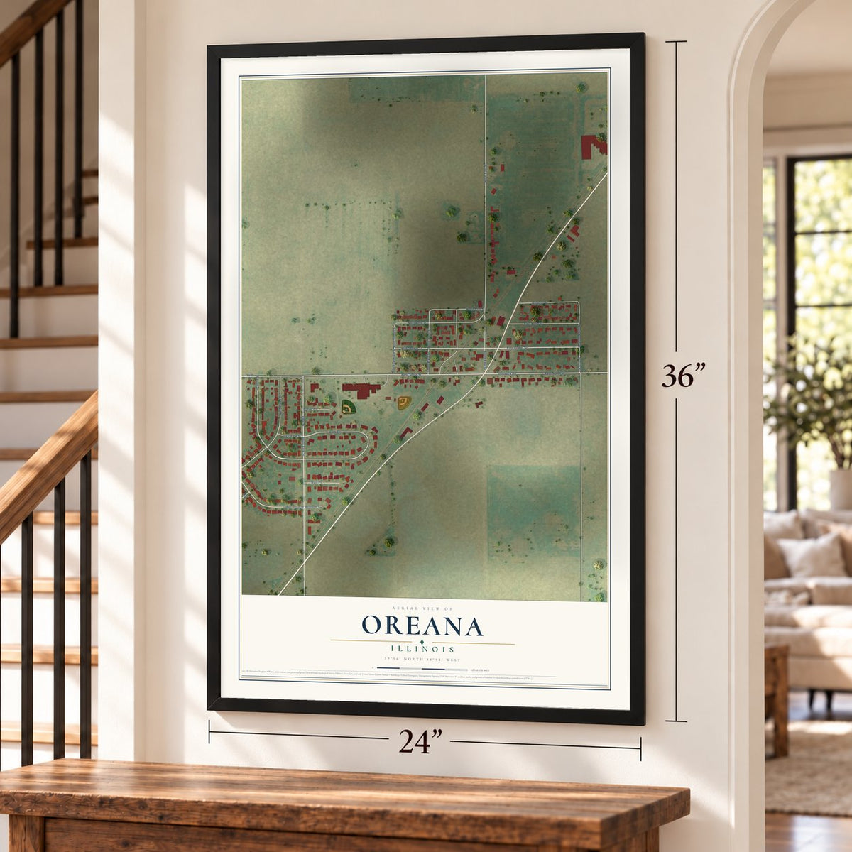 Oreana, Illinois map, 24 x 36 inch print in a black frame by a staircase