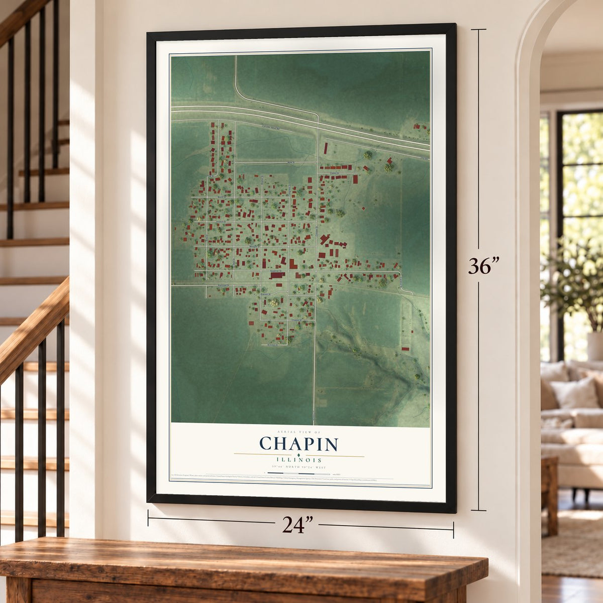 Chapin, Illinois map, 24 x 36 inch print in a black frame by a staircase