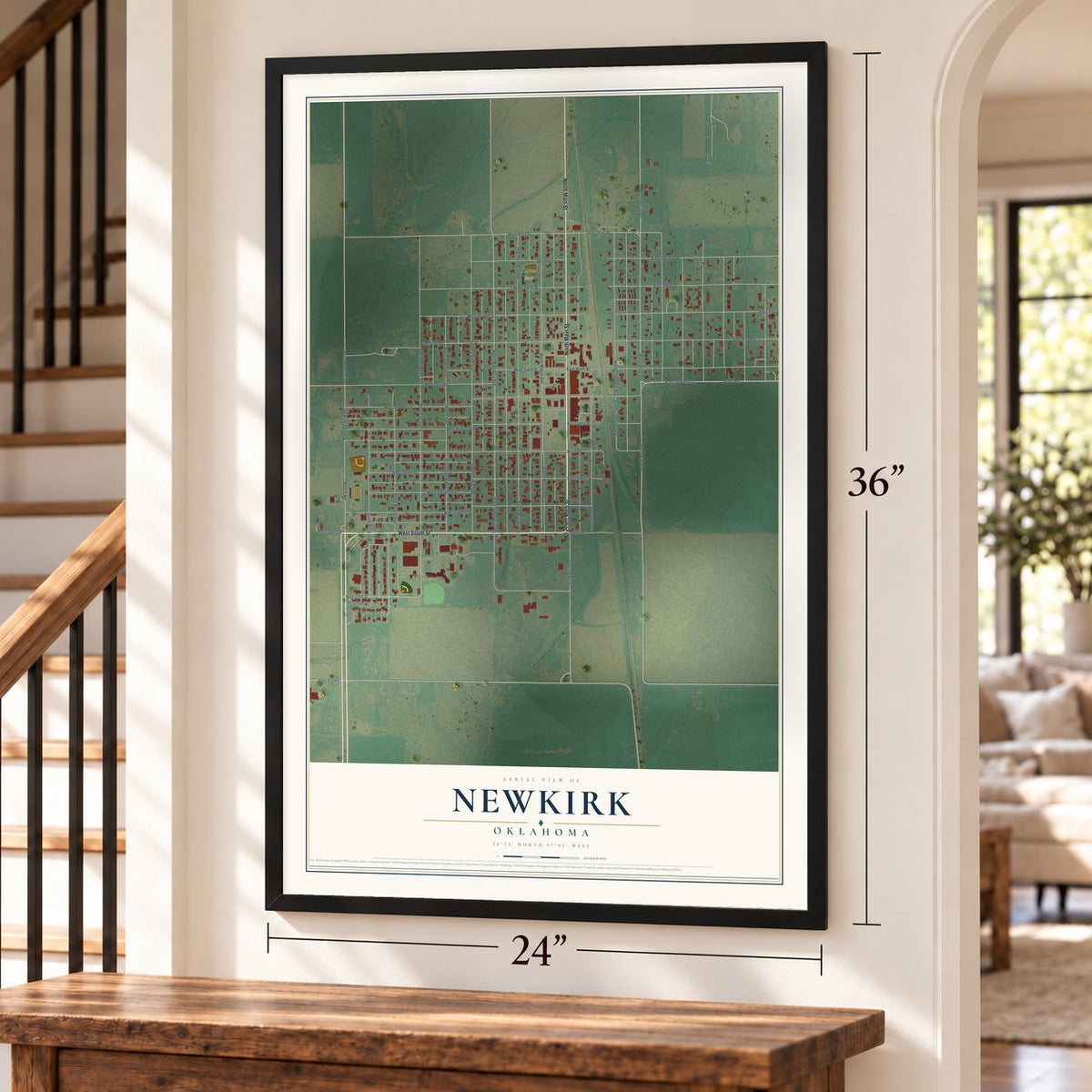Newkirk, Oklahoma map, 24 x 36 inch print in a black frame by a staircase