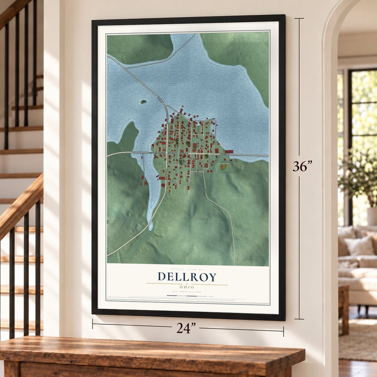 Dellroy, Ohio map, 24 x 36 inch print in a black frame by a staircase