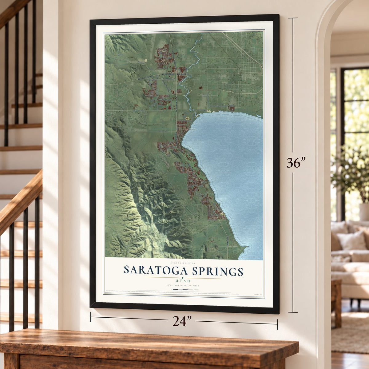 Saratoga Springs, Utah map, 24 x 36 inch print in a black frame by a staircase