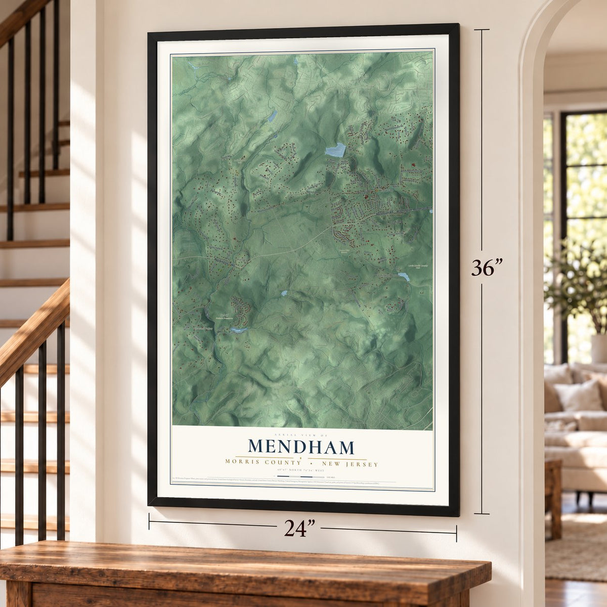 Mendham, Morris County, New Jersey map, 24 x 36 inch print in a black frame by a staircase