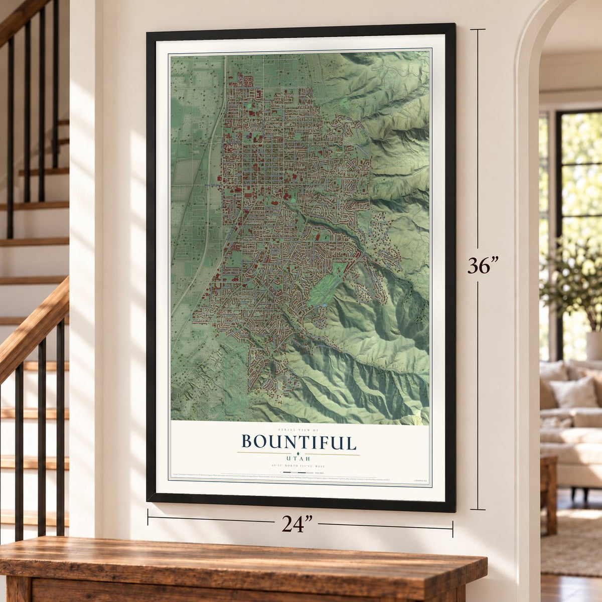 Bountiful, Utah map, 24 x 36 inch print in a black frame by a staircase