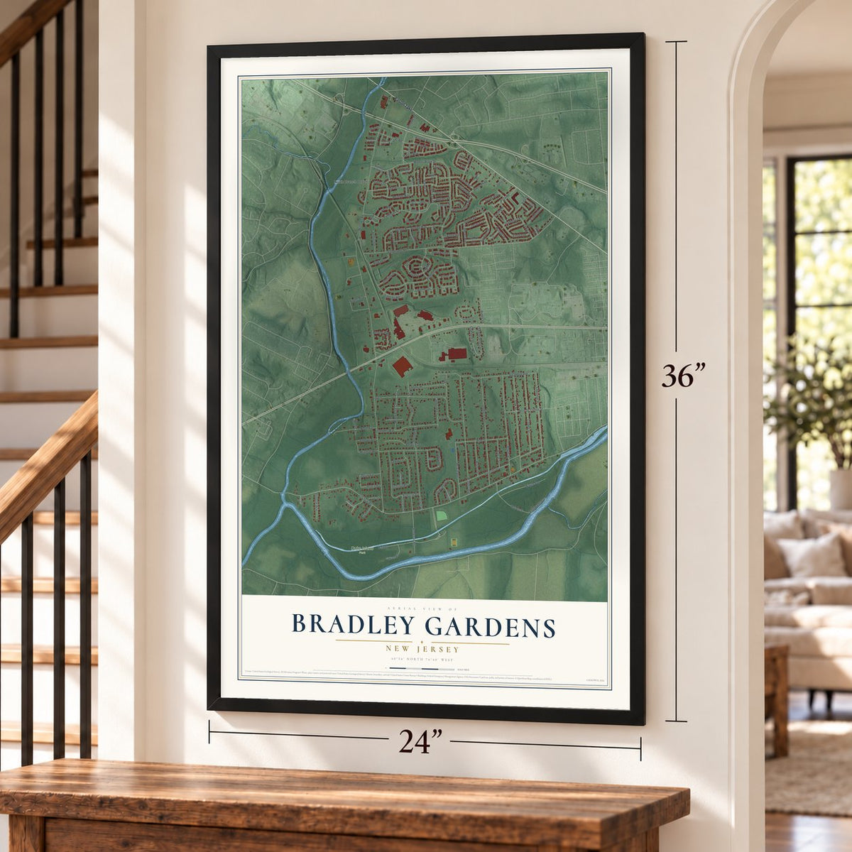 Bradley Gardens, New Jersey map, 24 x 36 inch print in a black frame by a staircase