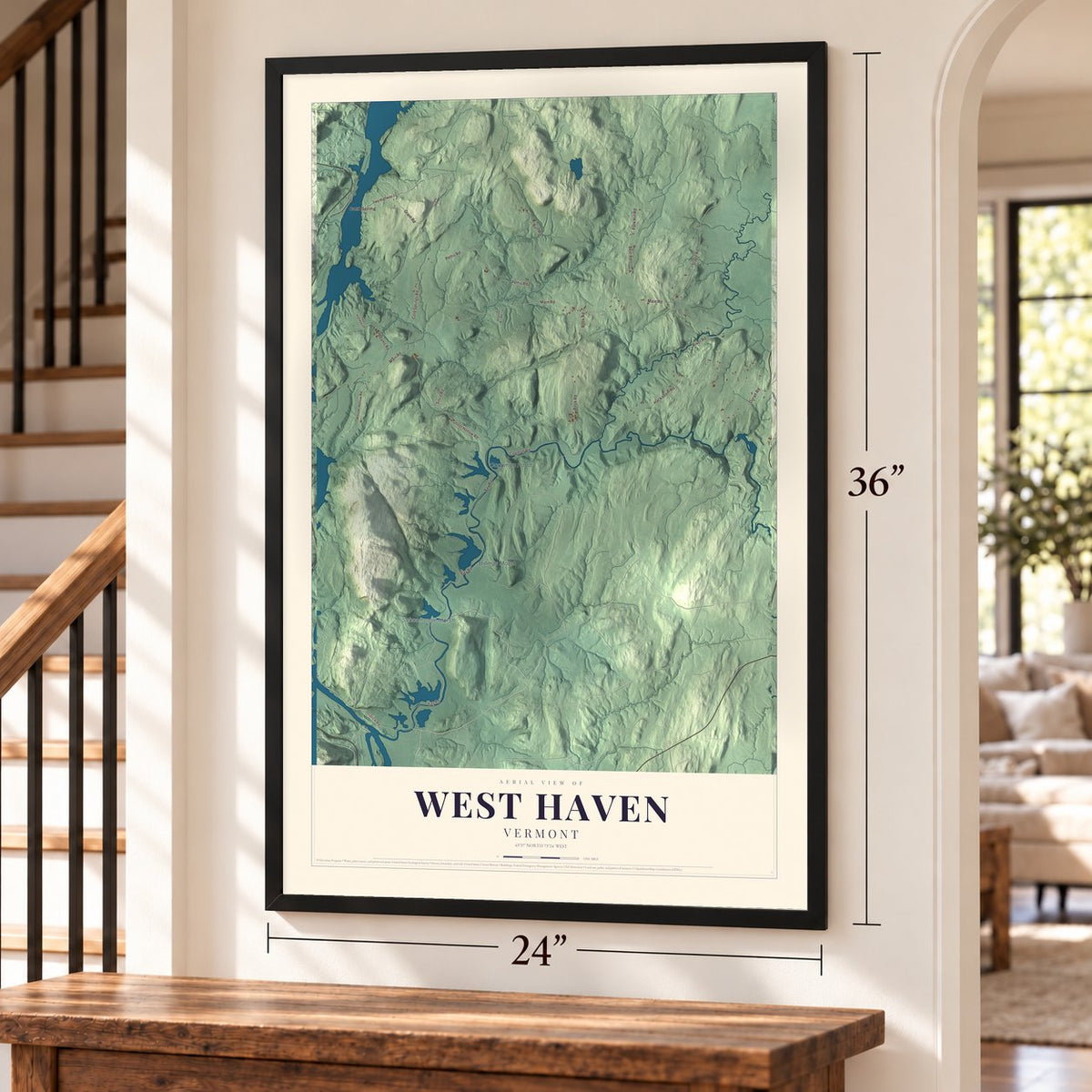 West Haven, Vermont map, 24 x 36 inch print in a black frame by a staircase