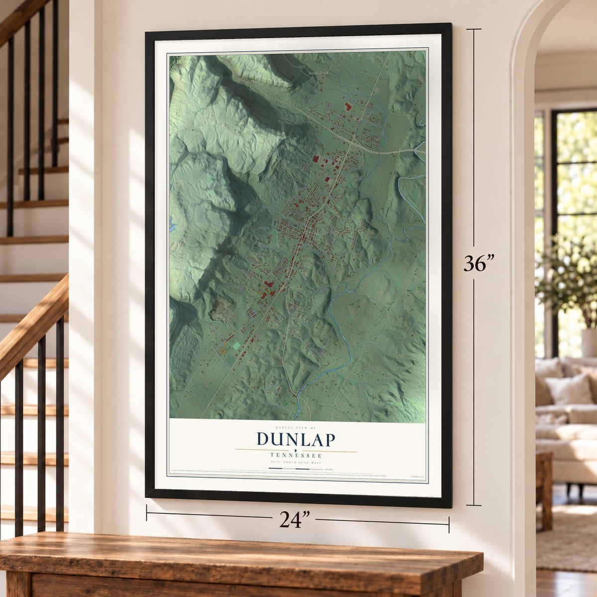 Dunlap, Tennessee map, 24 x 36 inch print in a black frame by a staircase