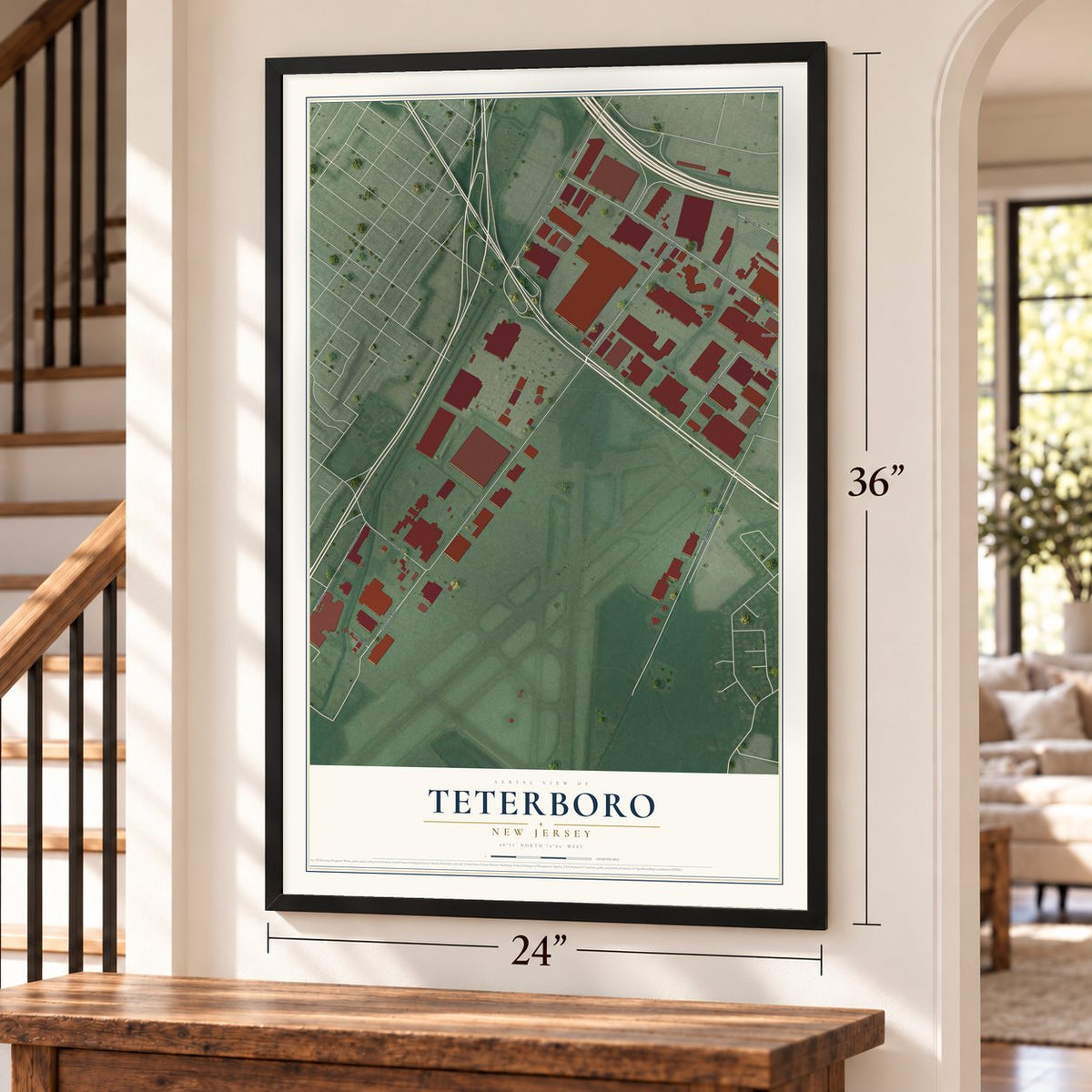 Teterboro, New Jersey map, 24 x 36 inch print in a black frame by a staircase