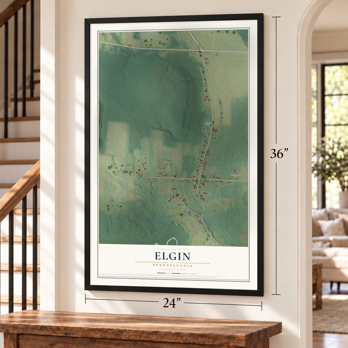 Elgin, Pennsylvania map, 24 x 36 inch print in a black frame by a staircase
