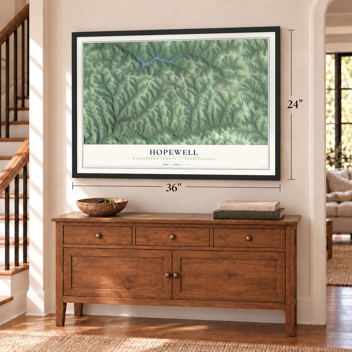 Hopewell, Washington County, Pennsylvania map, 24 x 36 inch print in a black frame above a dresser by a staircase