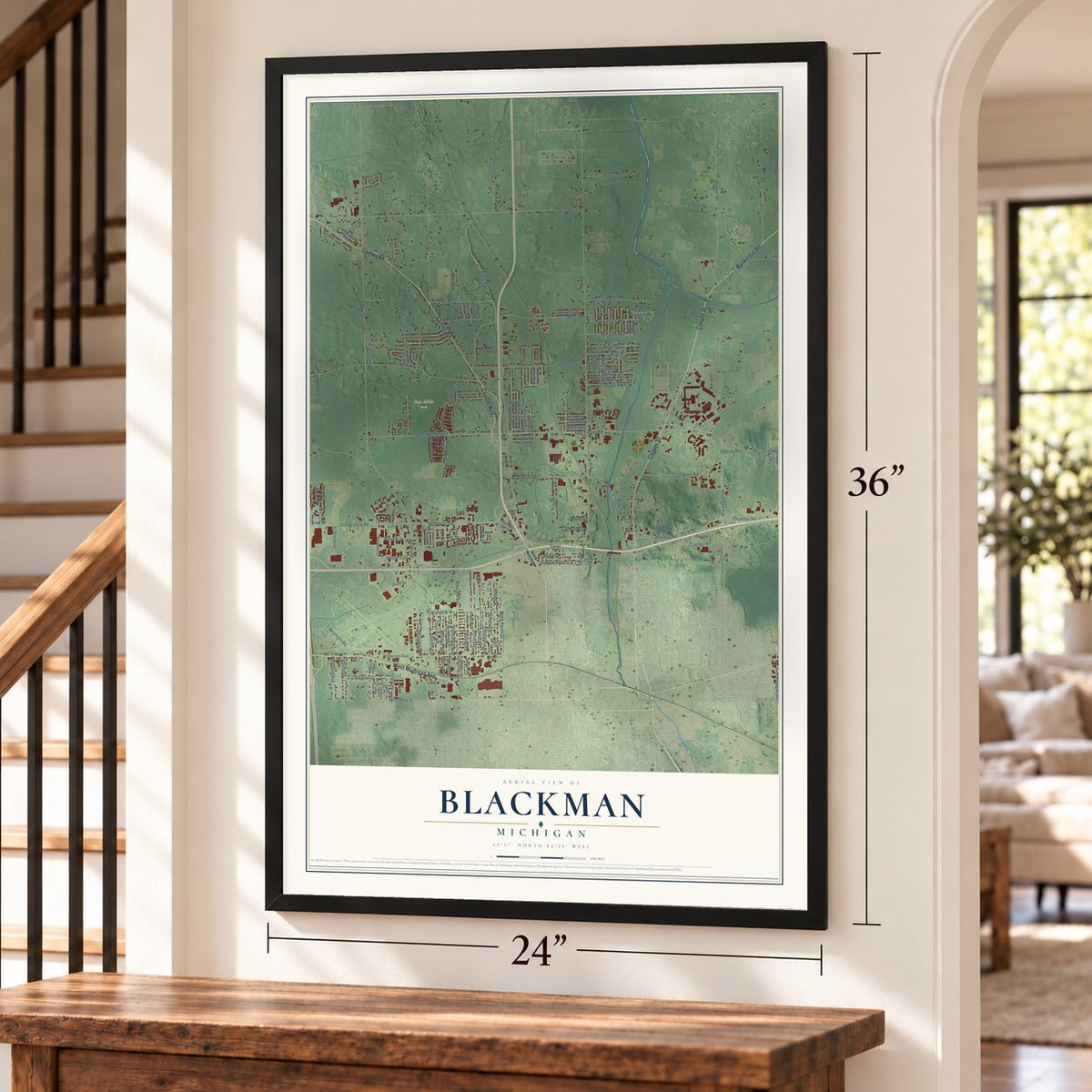 Blackman, Michigan map, 24 x 36 inch print in a black frame by a staircase