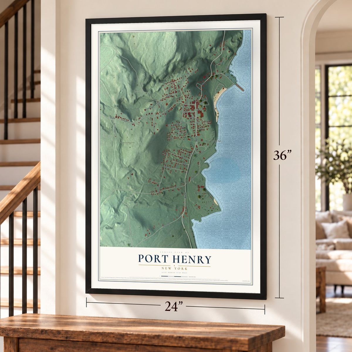 Port Henry, New York map, 24 x 36 inch print in a black frame by a staircase