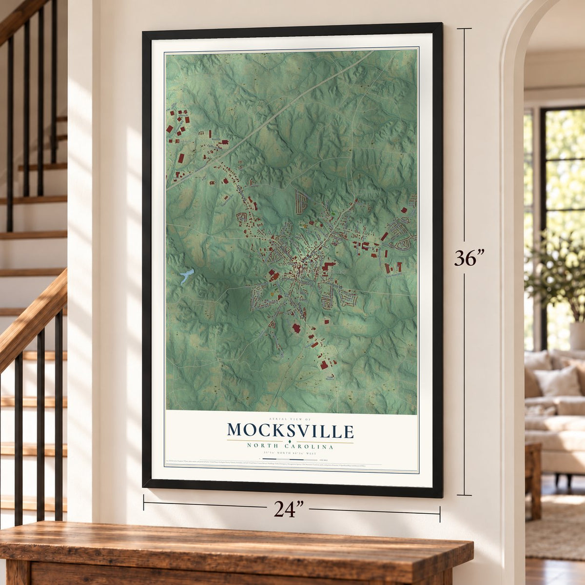 Mocksville, North Carolina map, 24 x 36 inch print in a black frame by a staircase