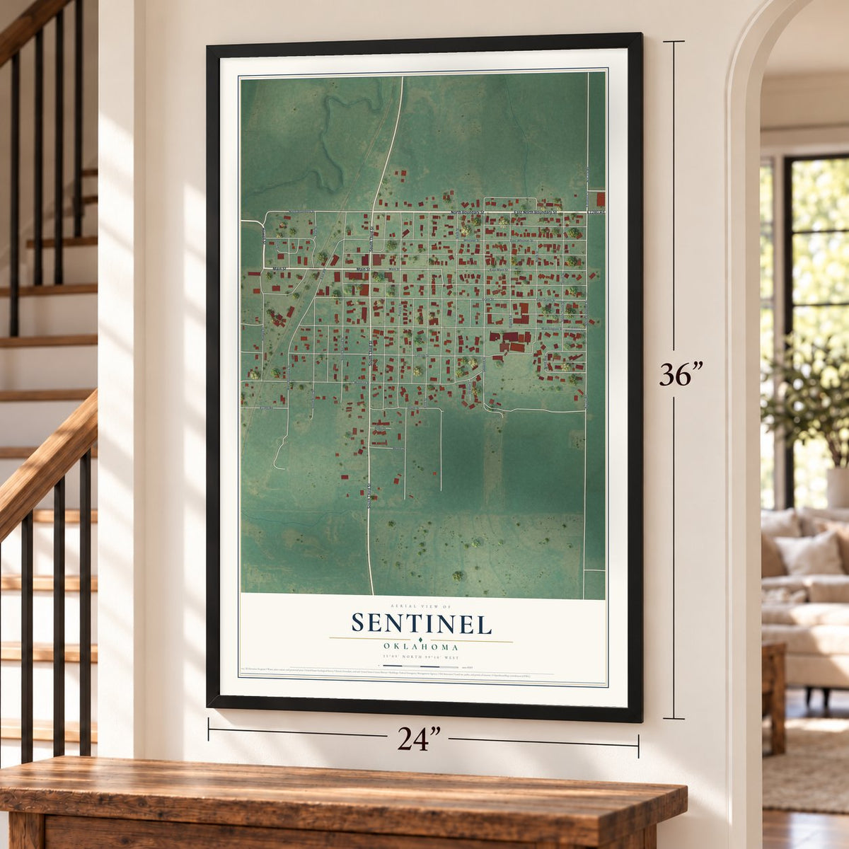 Sentinel, Oklahoma map, 24 x 36 inch print in a black frame by a staircase