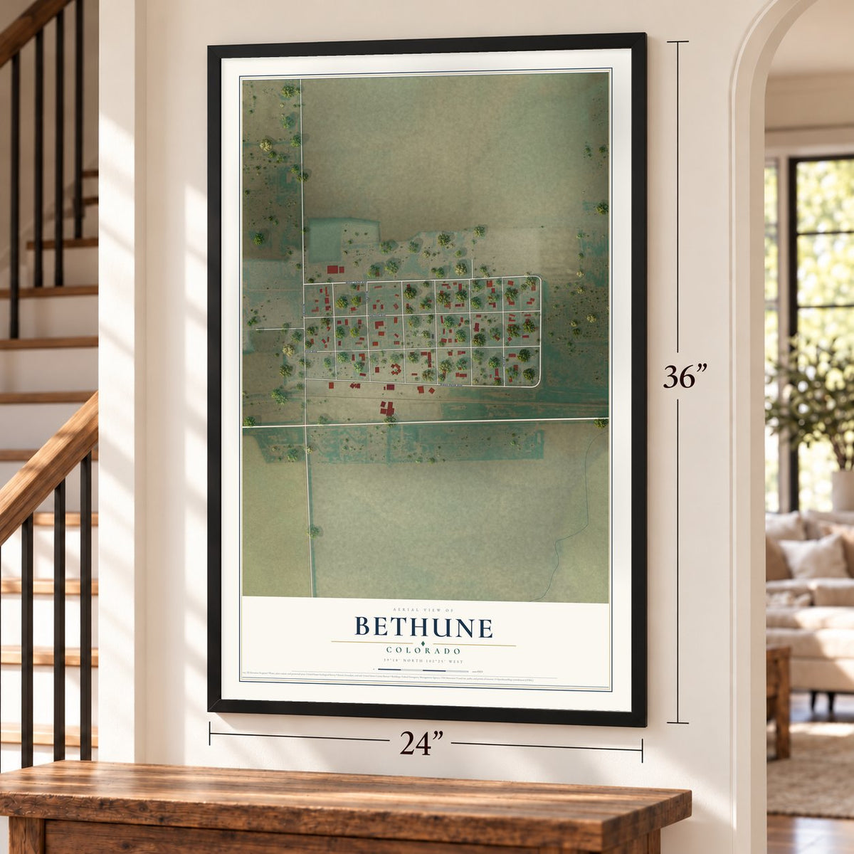 Bethune, Colorado map, 24 x 36 inch print in a black frame by a staircase