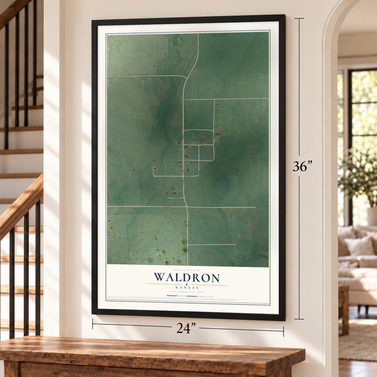 Waldron, Kansas map, 24 x 36 inch print in a black frame by a staircase