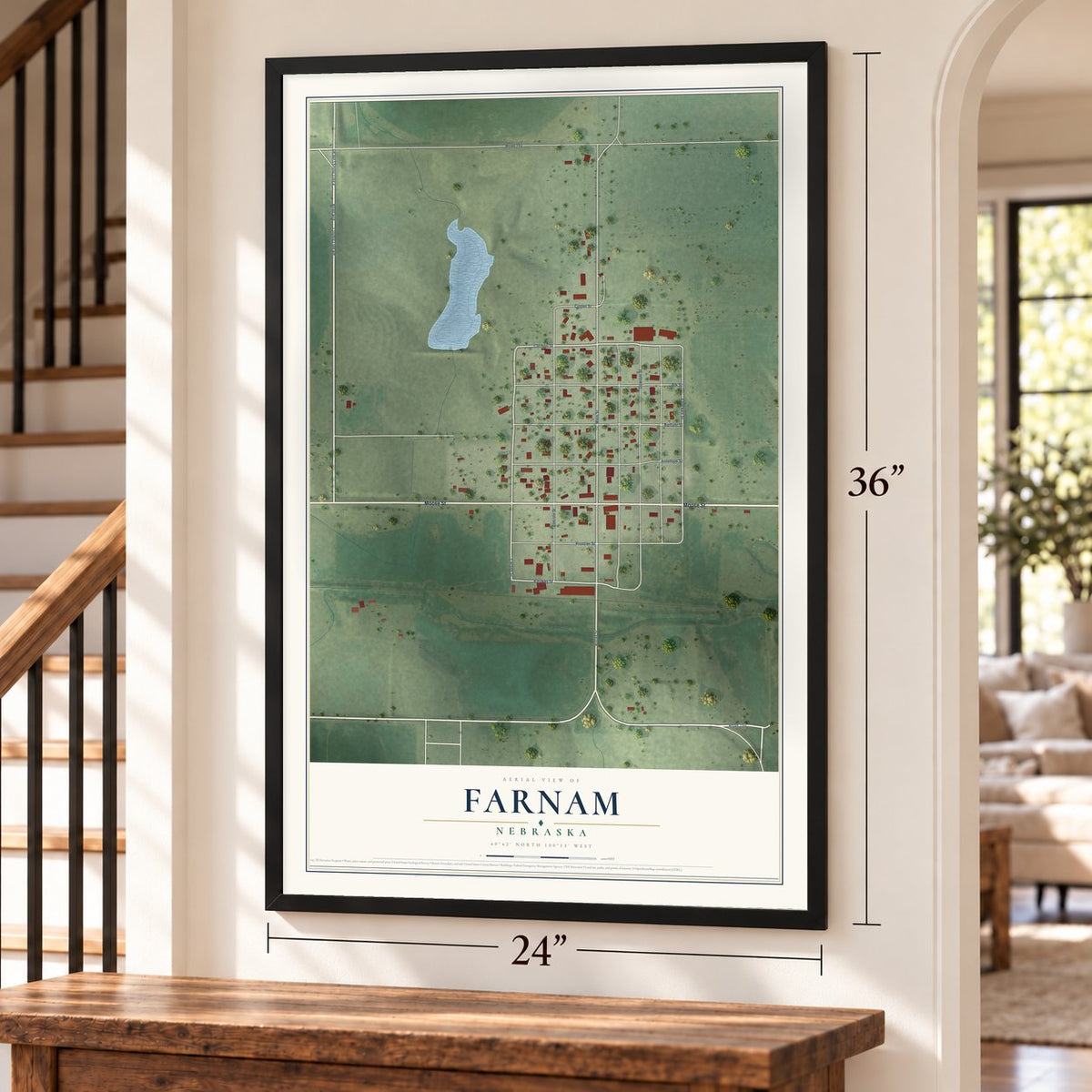 Farnam, Nebraska map, 24 x 36 inch print in a black frame by a staircase