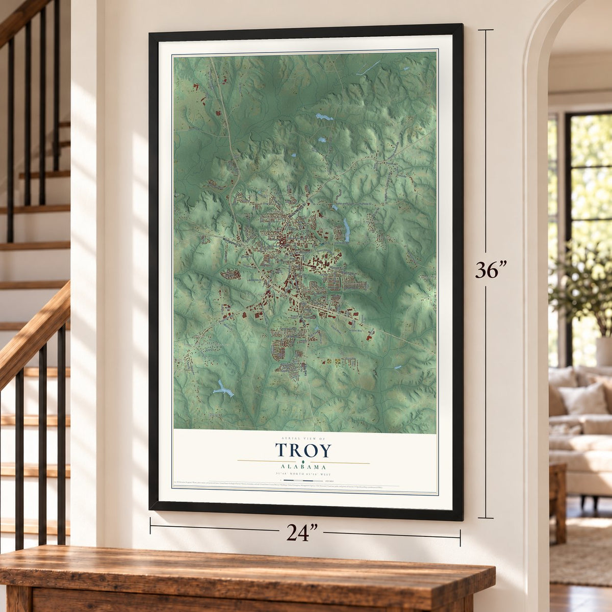 Troy, Alabama map, 24 x 36 inch print in a black frame by a staircase