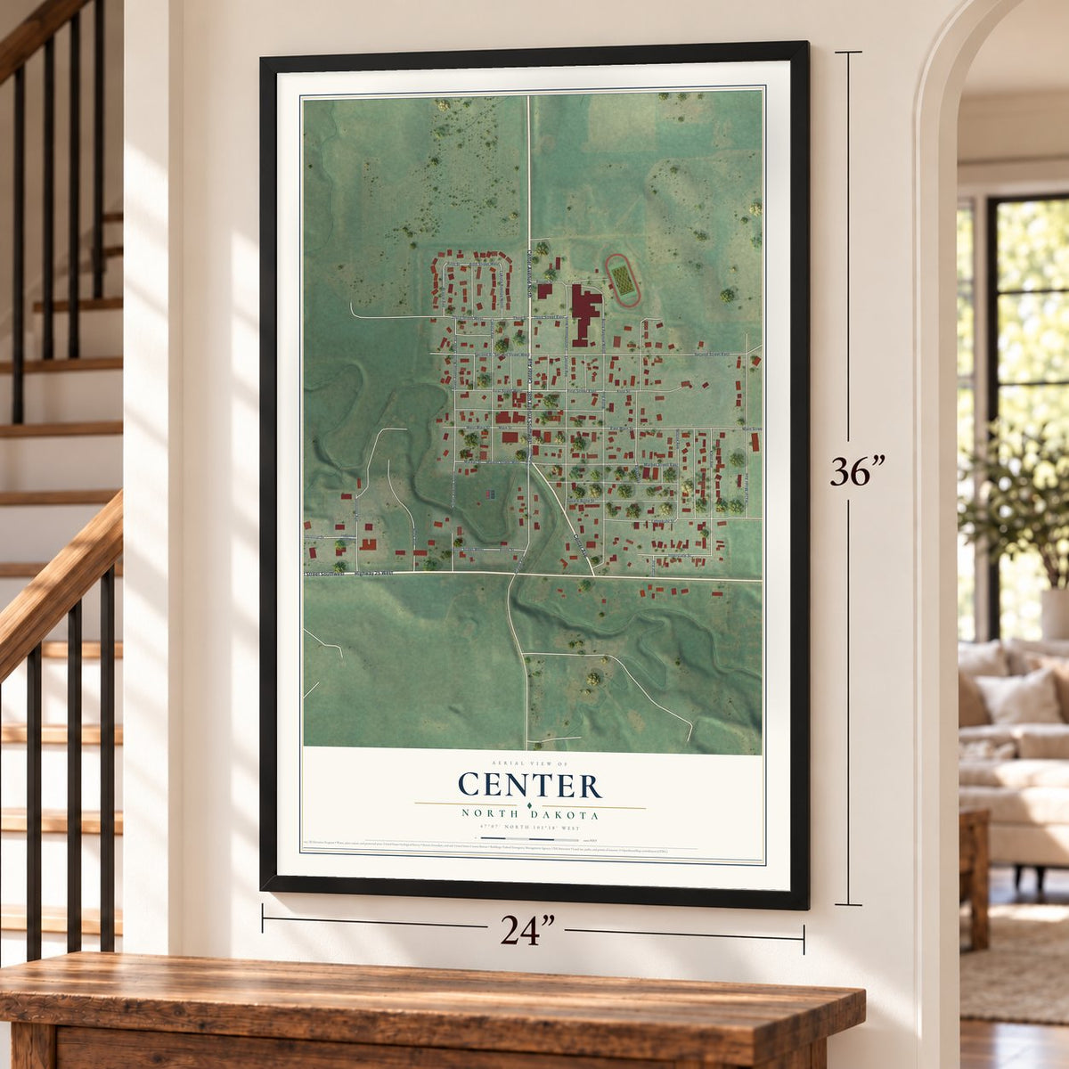 Center, North Dakota map, 24 x 36 inch print in a black frame by a staircase