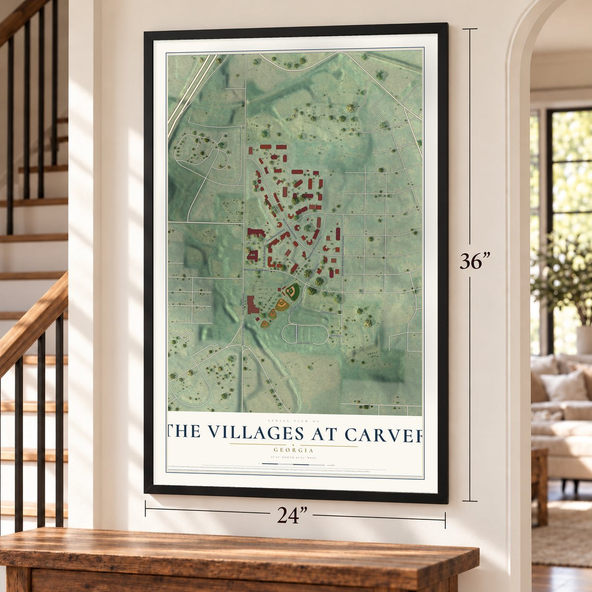 The Villages at Carver, Georgia map, 24 x 36 inch print in a black frame by a staircase