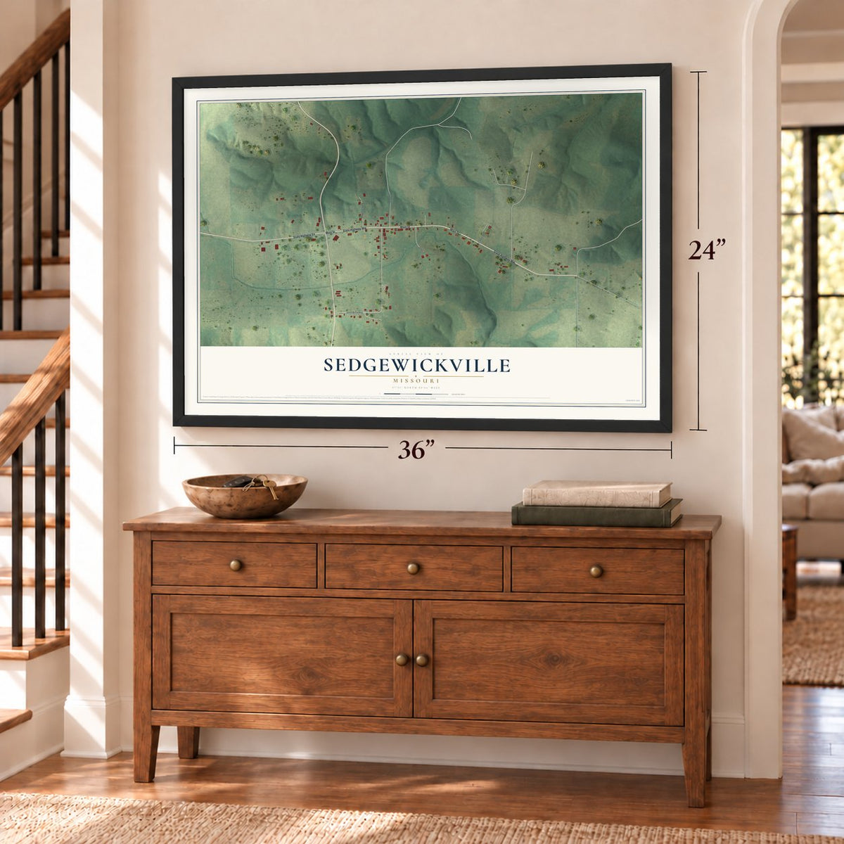 Sedgewickville, Missouri map, 24 x 36 inch print in a black frame above a dresser by a staircase