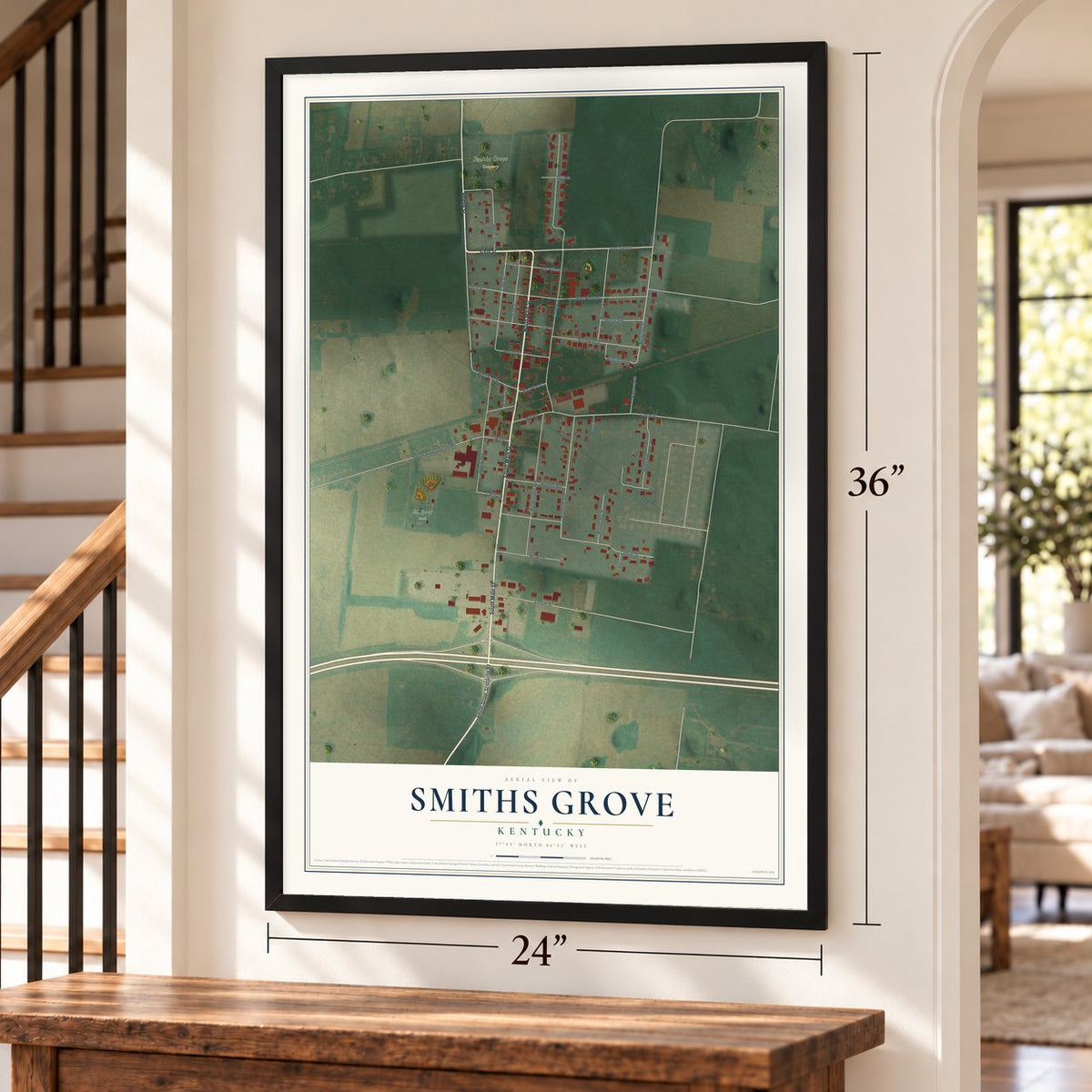 Smiths Grove, Kentucky map, 24 x 36 inch print in a black frame by a staircase