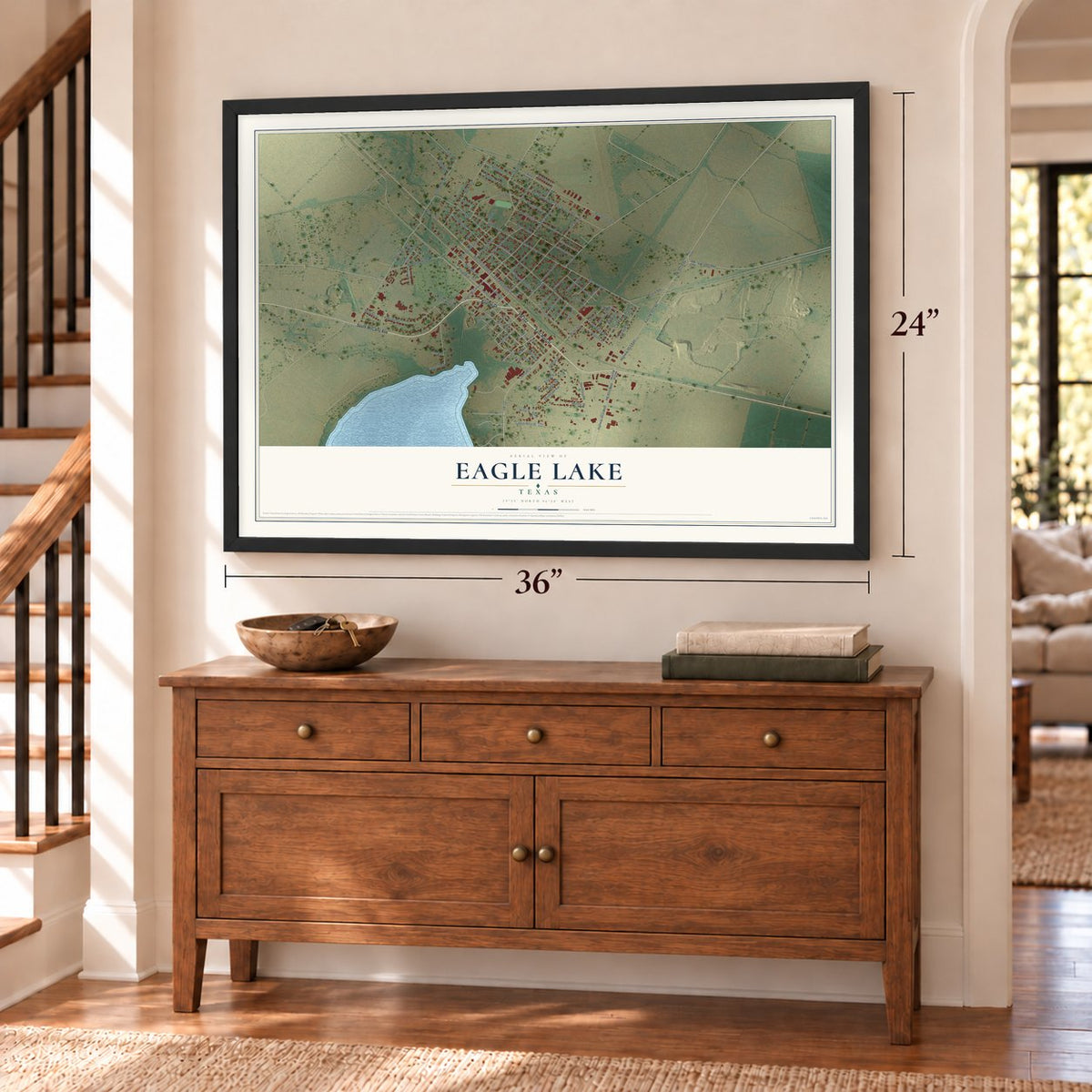 Eagle Lake, Texas map, 24 x 36 inch print in a black frame above a dresser by a staircase