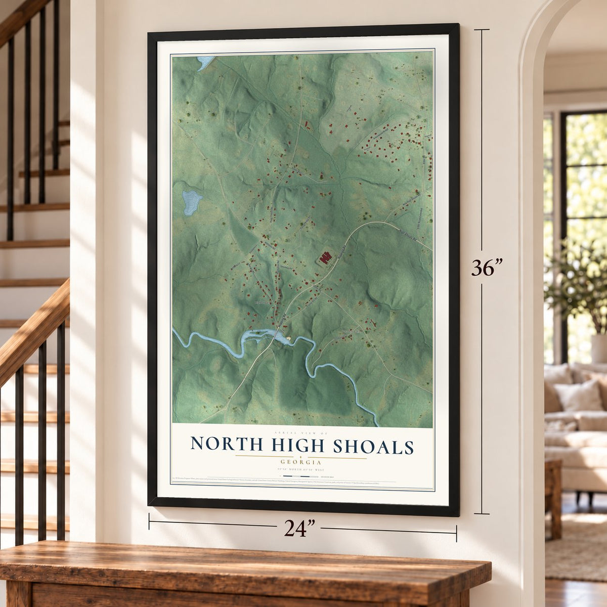 North High Shoals, Georgia map, 24 x 36 inch print in a black frame by a staircase