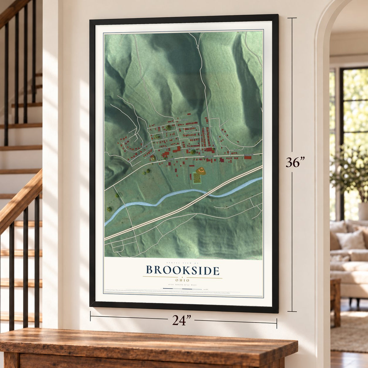 Brookside, Ohio map, 24 x 36 inch print in a black frame by a staircase