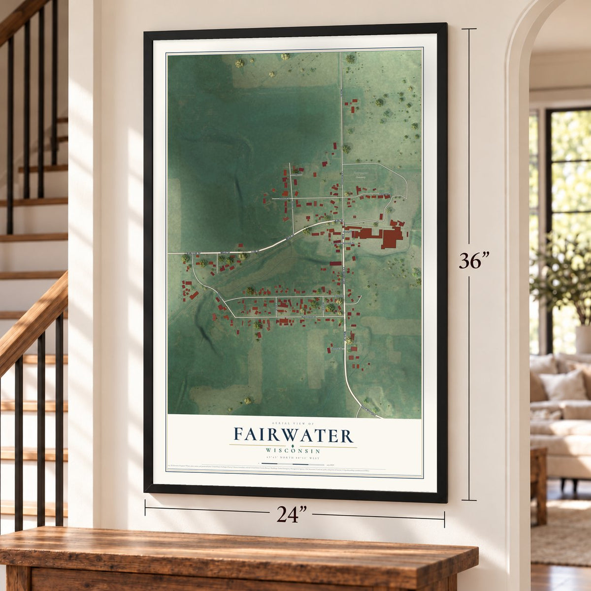 Fairwater, Wisconsin map, 24 x 36 inch print in a black frame by a staircase