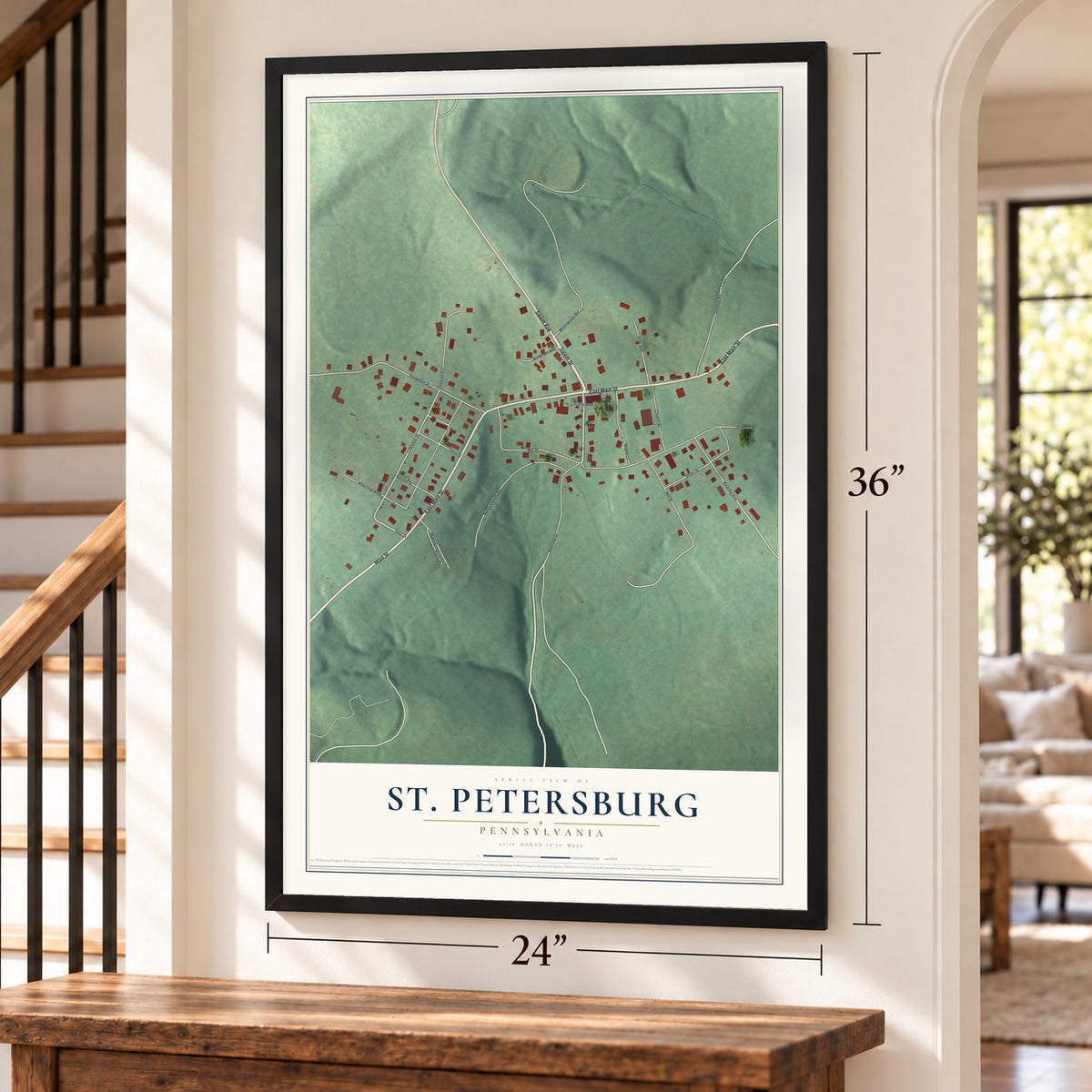 St. Petersburg, Pennsylvania map, 24 x 36 inch print in a black frame by a staircase