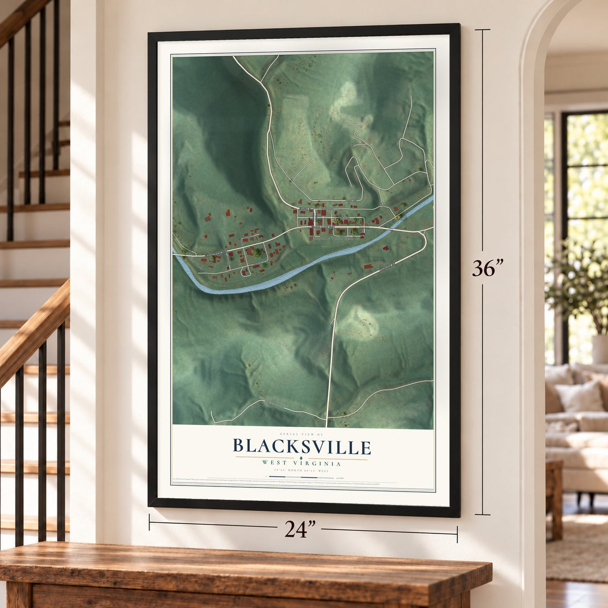 Blacksville, West Virginia map, 24 x 36 inch print in a black frame by a staircase