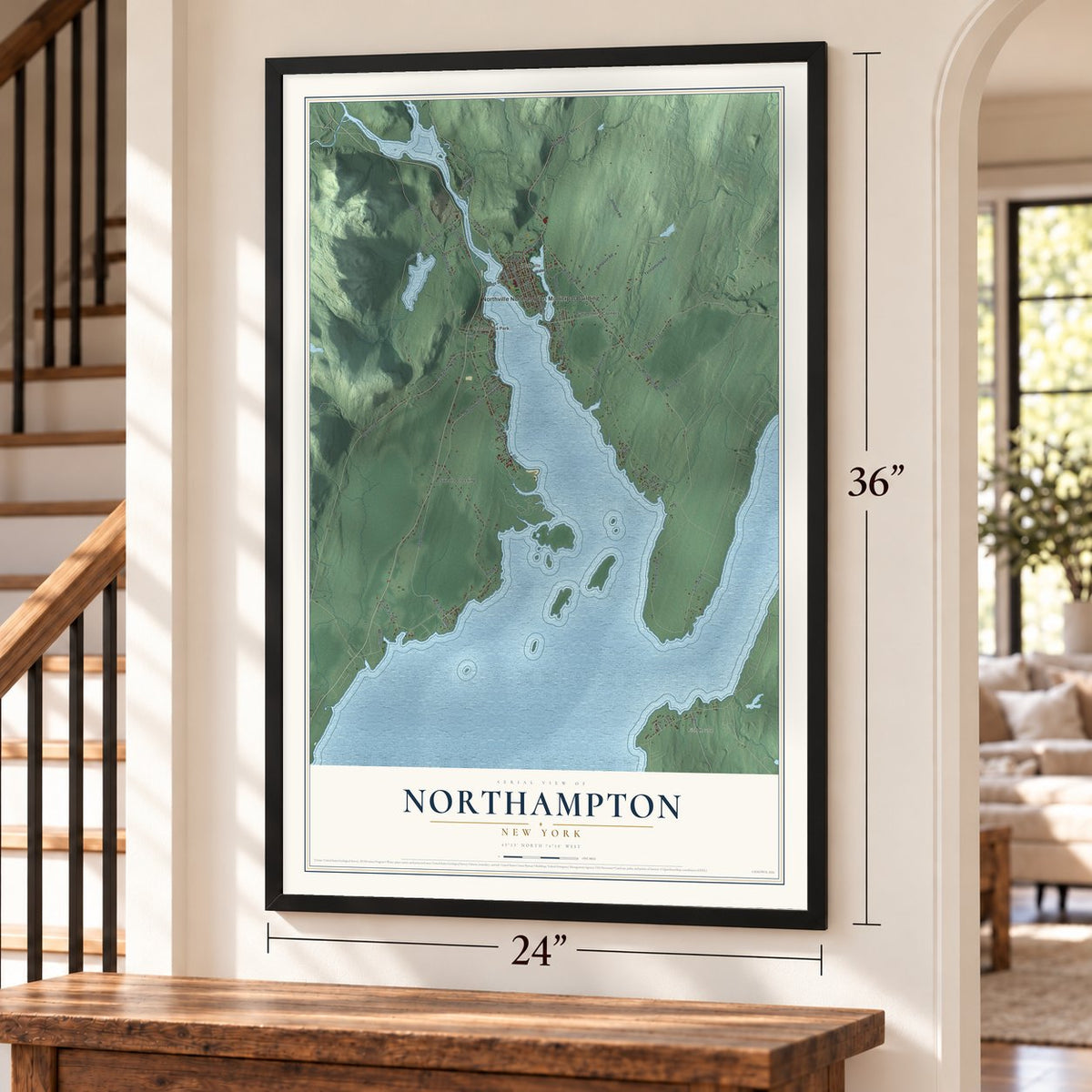 Northampton, New York map, 24 x 36 inch print in a black frame by a staircase
