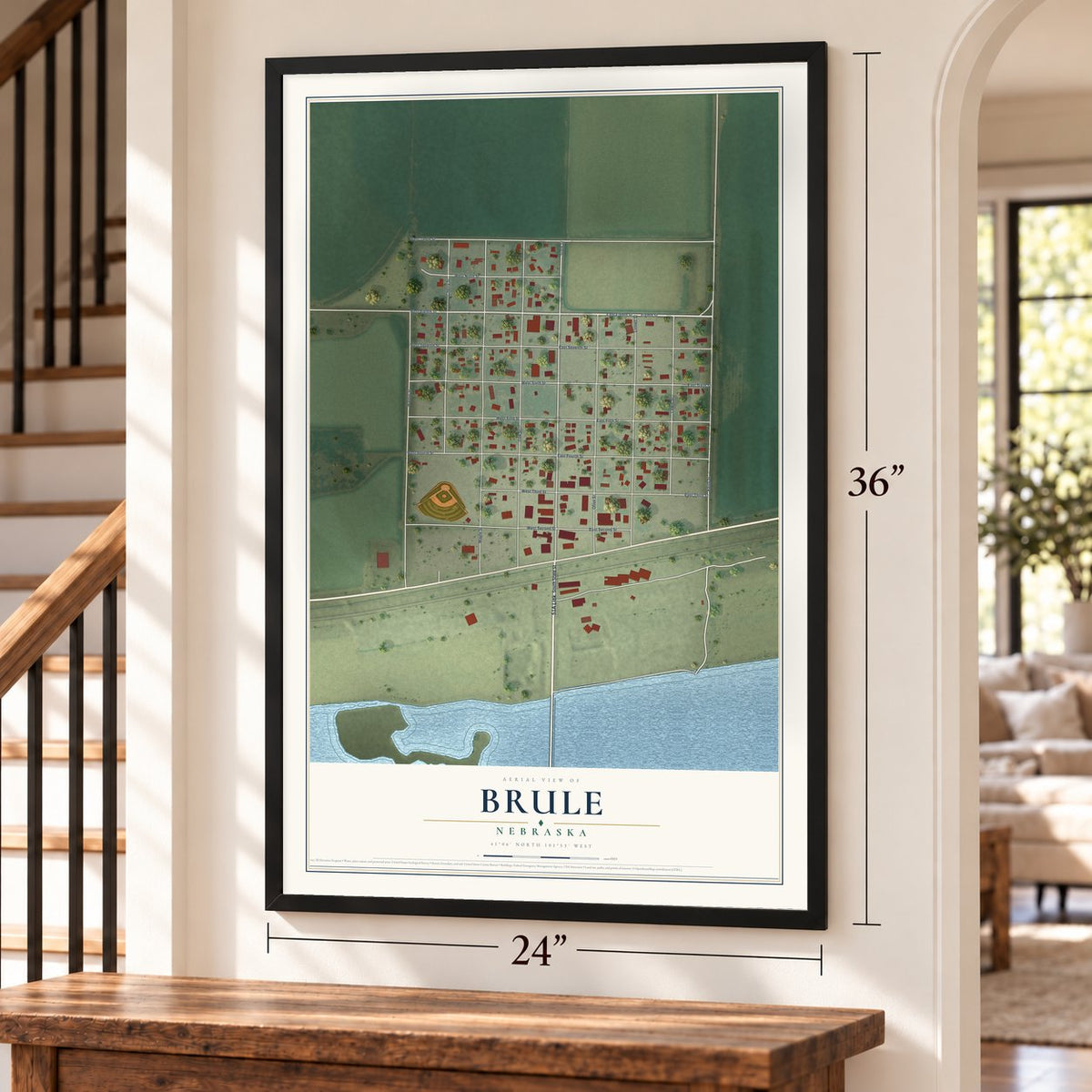 Brule, Nebraska map, 24 x 36 inch print in a black frame by a staircase
