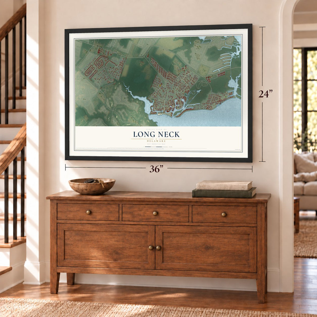 Long Neck, Delaware map, 24 x 36 inch print in a black frame above a dresser by a staircase