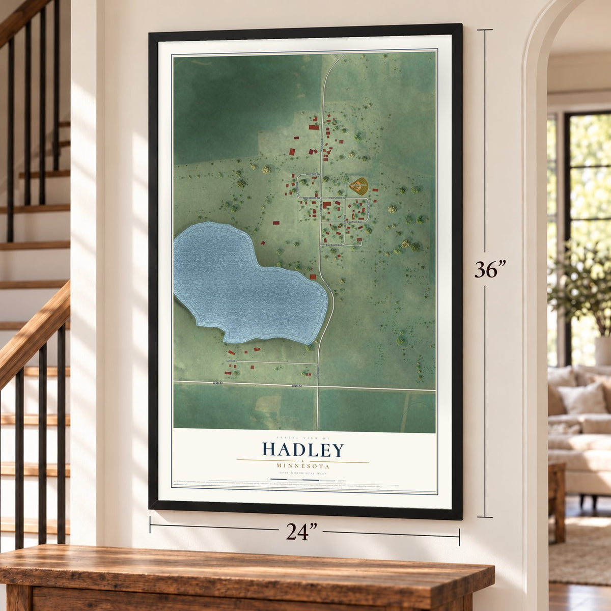 Hadley, Minnesota map, 24 x 36 inch print in a black frame by a staircase